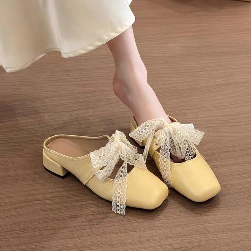 Fashion Block Heel Baotou Slippers Summer New Square Toe Shallow Mouth Lace Bow Non-slip Wear-resistant Cool Mopping