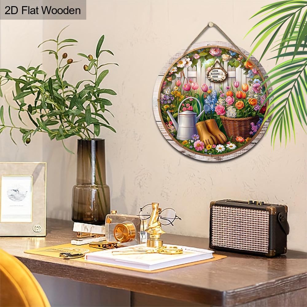 Wooden Sign with Blooming Flowers Pattern - Charming Round Ornament for Front Door, Wall, Yard Hanging Decor - Ideal Gift for Friend