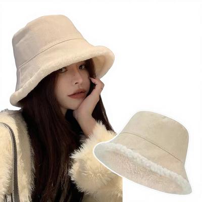 Women's PVC Lamb Fleece Double-Sided Fisherman Bucket Hat Autumn Winter Thickened Warm Windproof 6-Panel