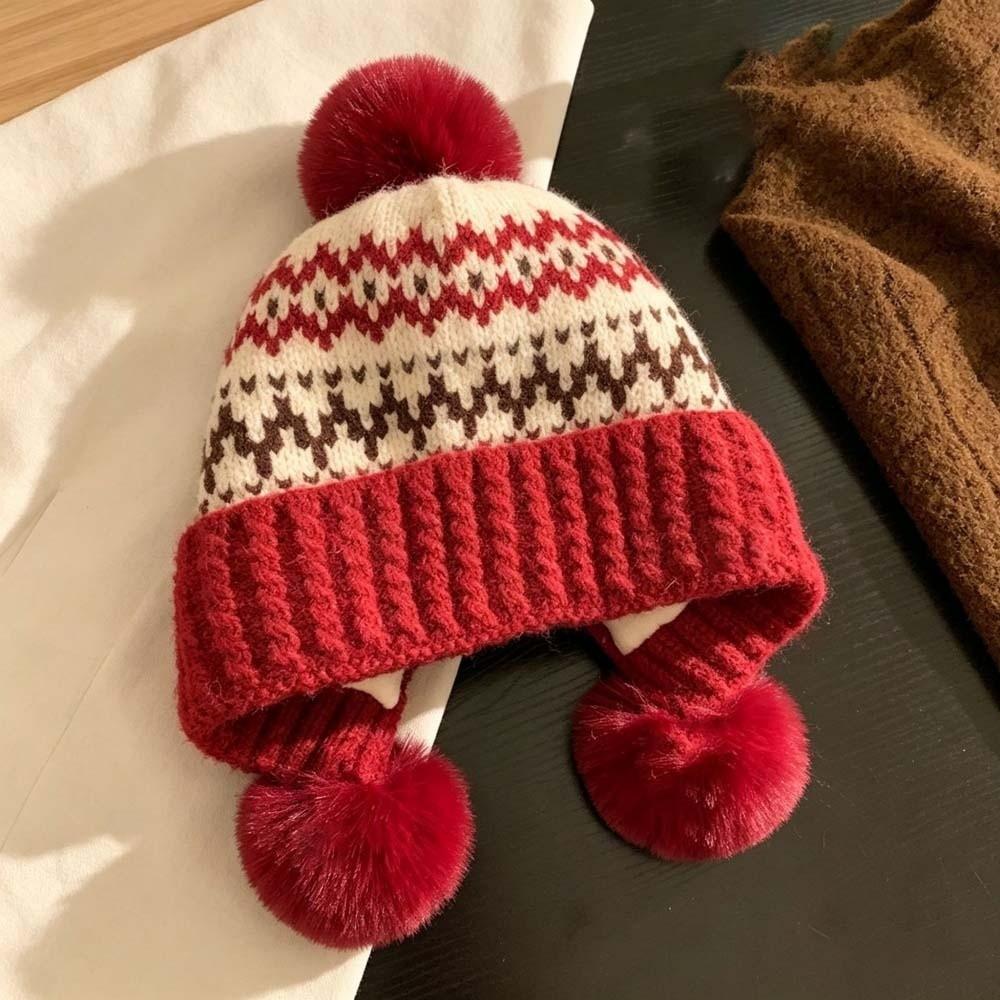 Cute Style Knit Beanie Hat Fleece Lined Winter Earflap Cap Jacquard Pullover Bonnet Students