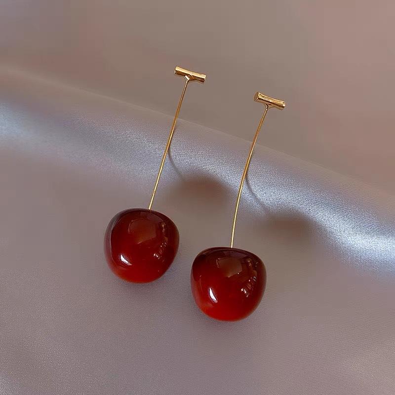 Dark Red Cherry Dangle Earrings for Women Trendy Fruit Cute Acrylic Round Long Cherries Drop Earrings Party Elegant Jewelry Gift
