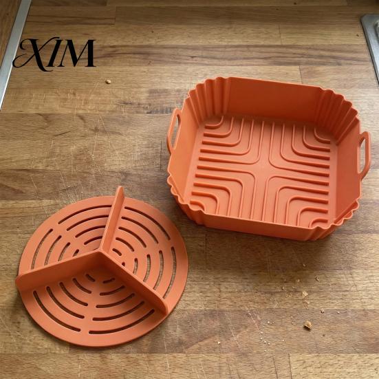 Reusable Air Fryer Basket 2PCS Silicone Baking Pan with Handles, Square And Rectangular Nonstick Grilling Tray Oven Set, Liner for Roasting