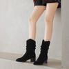 Krazing Pot Cow Suede Nubuck Winter Round Toe Modern Boots Med Heels Slip On Pleated Decoration Women Mid-calf Boots