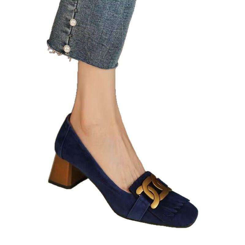 French Metal Buckle Fringed Thick Heel Single Shoes Versatile Soft Sole Middle Heel Women's Shoes Xiaoxiangfeng New High-end Women's Shoes Temperament