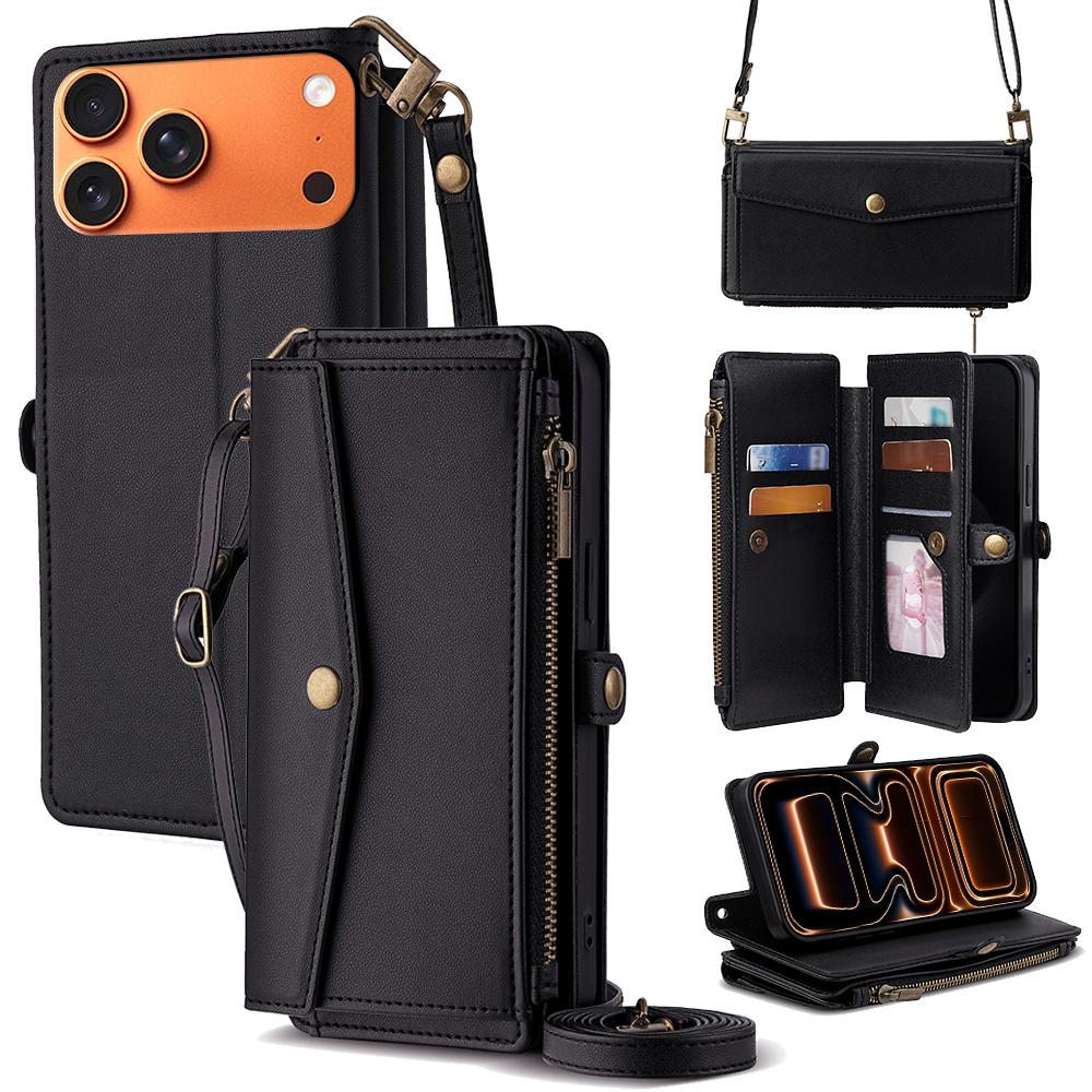 For iPhone 17 Pro Max Case Card Slots Zipper Purse PU Leather Phone Cover with Shoulder Strap
