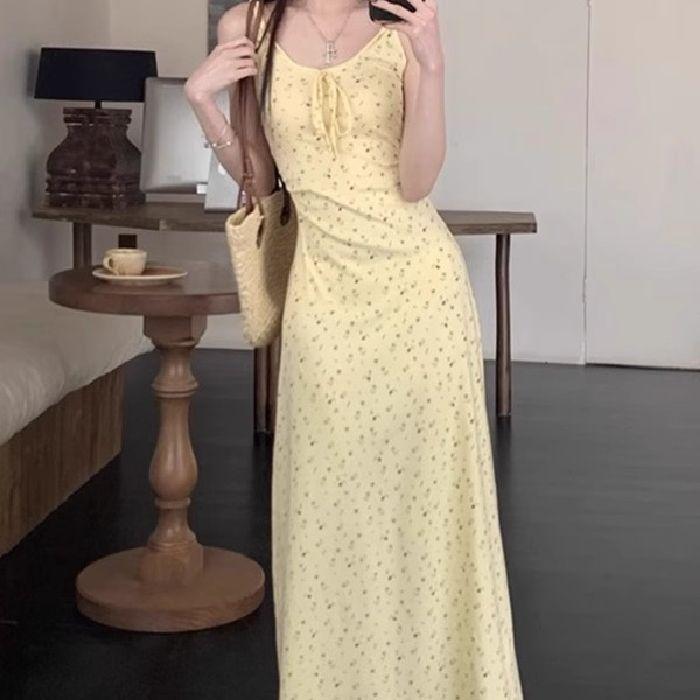 New Lace-up Dress, Sweet and Wearable Suspender Skirt, Summer Temperament French Floral Design Long Dress