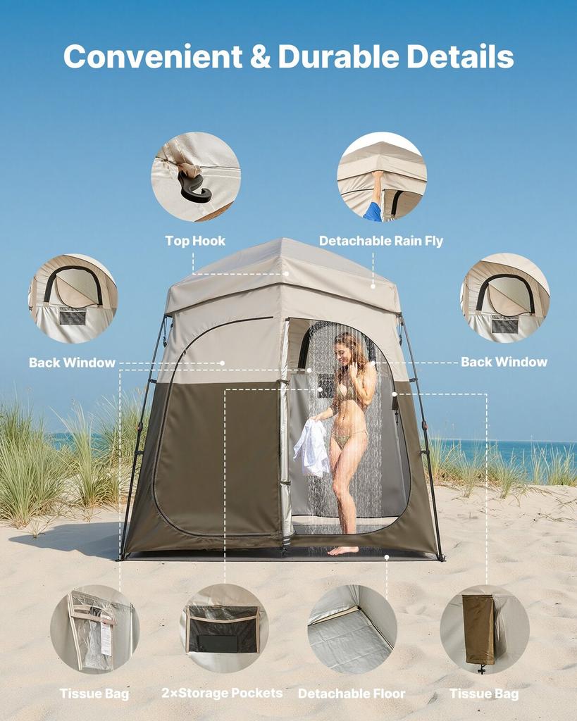 Camping Shower Tent, 2-Room Foldable Portable Privacy Tent Changing Room with Ground Stakes, Ropes, and Carry Bag, 150D Oxford Fabric with Silver