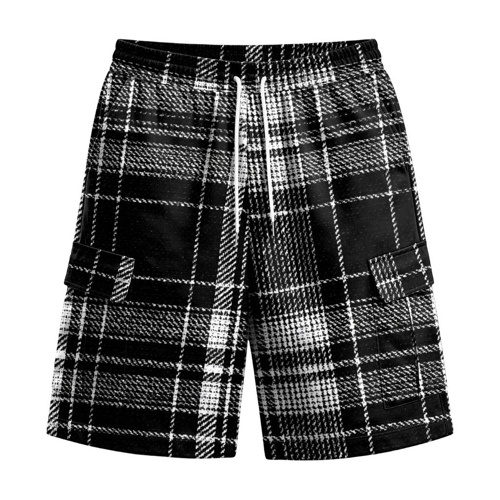 Herren Freizeit karierte Cargoshorts mit Kordelzug Lockerer Schnitt Leicht Atmungsaktiv Sommer Strandshorts mit mehreren Taschen für den Alltag