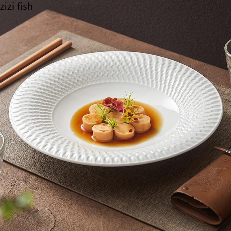 Pure White Relief Texture Ceramic Deep Bowl Salad Bowl Dessert Bowl Pasta Bowls Thick Soup Bowls Restaurant Specialty Tableware