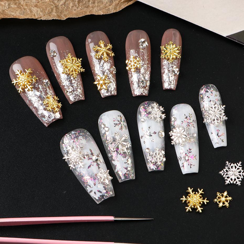 Xiaomi 12 Grids Metallic Snowflake Nail Charms Multiple Shapes Elegant Golden Silvery Snowflake Nail Decoration for Winter Nail Decor