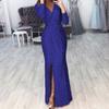 Spring Autumn Women Formal Dress Solid Color Deep V Neck Ruched High Waist