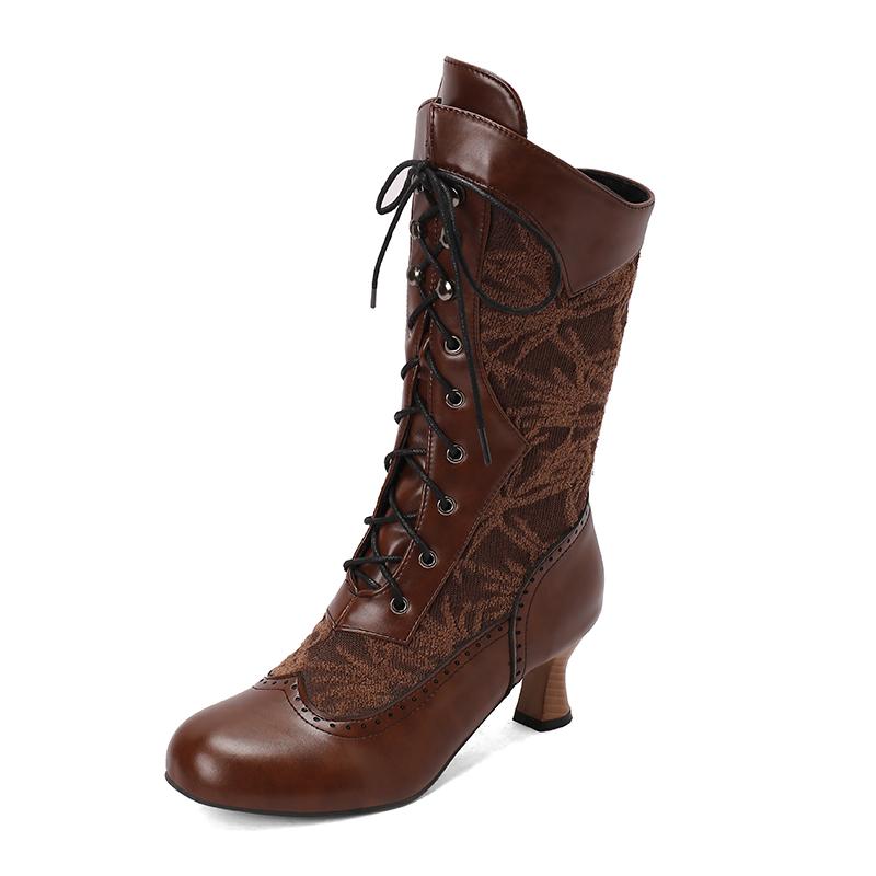 Women's Costume Cosplay Shoes Retro Mid Calf Boots Burnout Kitten Heels Front Bandage Patchwork Boots