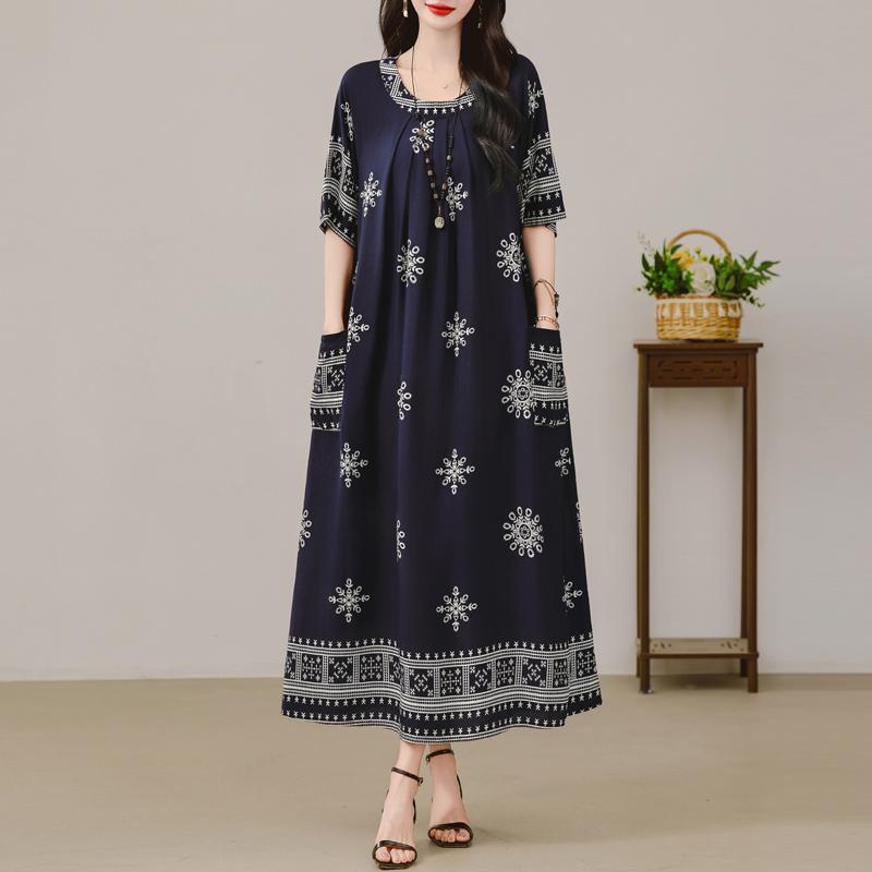 Women's Plus Size Maxi Dress, Boho Print Loose Short Sleeve Casual Dress with Pockets (XL-5XL)