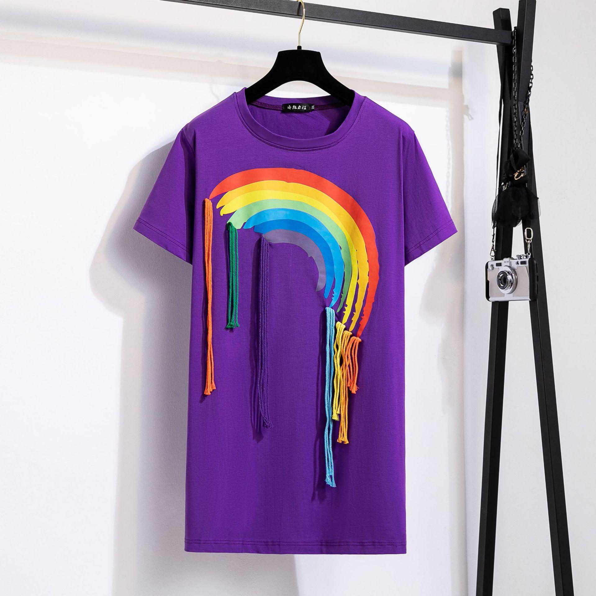 

Летнее женское радужное платье, модное ослепительное прохладное красное платье-футболка средней длины размера плюс 7XL фиолетовый