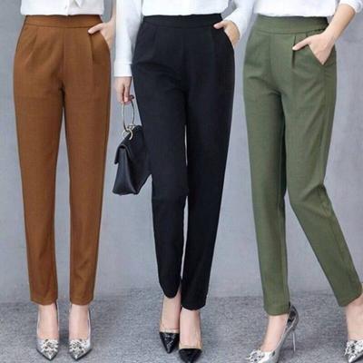 Women Pants Elastic High Waist Solid Color Slim Fit Trousers with Pockets Casual Commuting Style Office Lady Pants