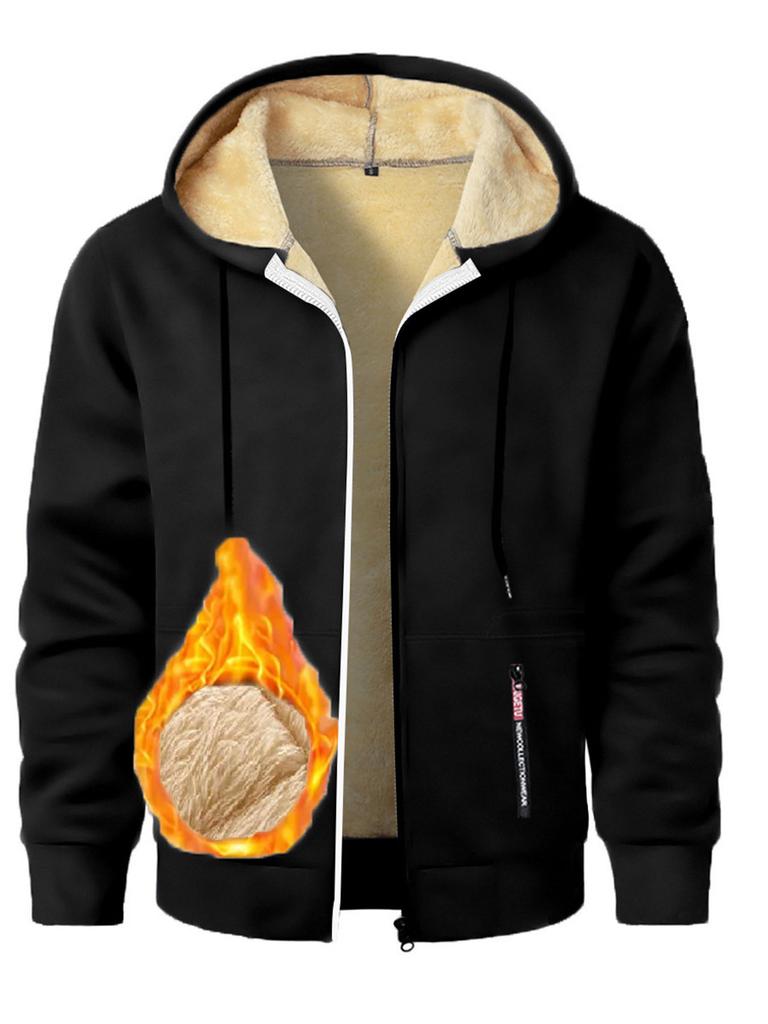 Autumn New Men's Casual Fleece Lined Hooded Zipper Sweatshirt Jacket Solid Color Warm Sportswear Male Fashion Outerwear