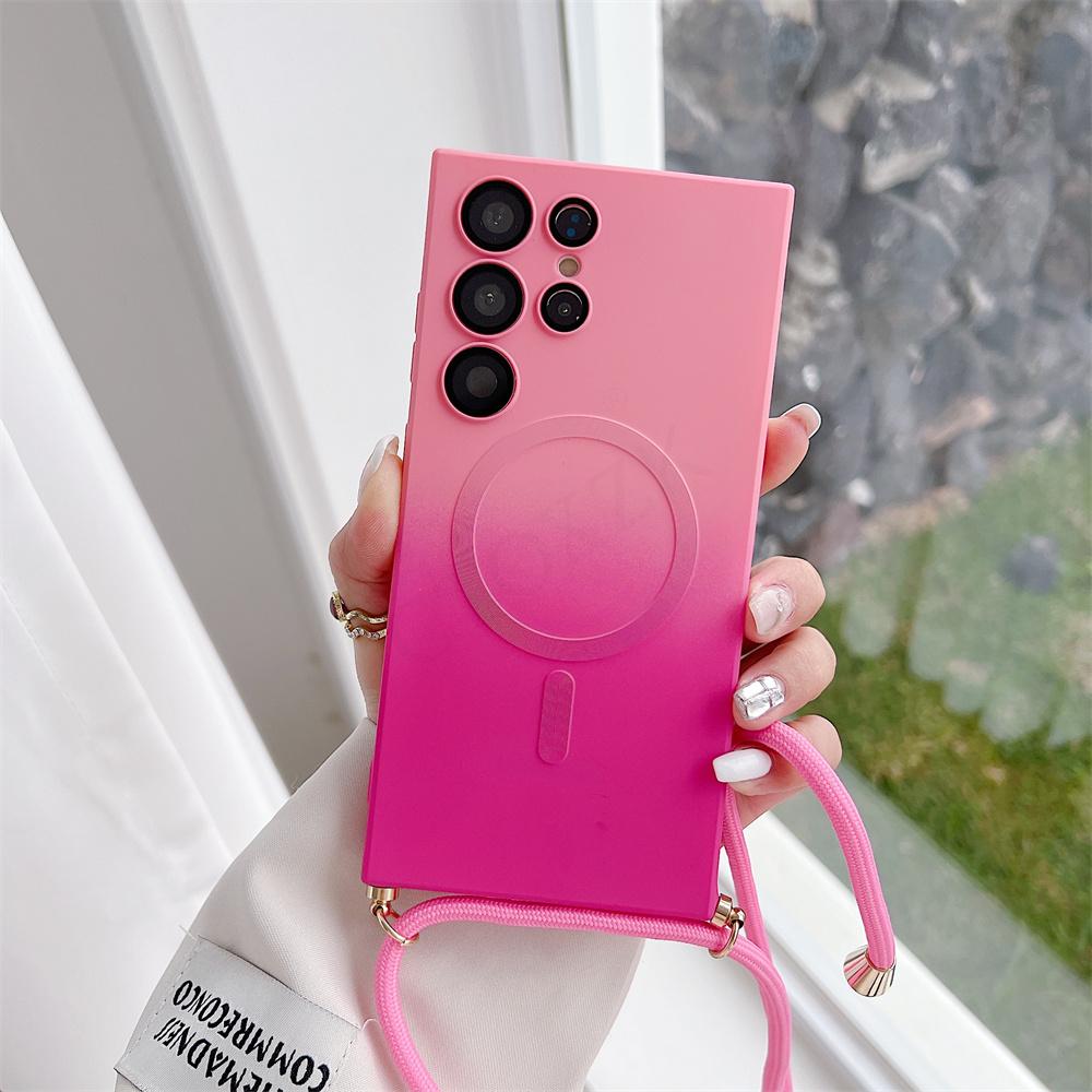 Crossbody Lanyard Cord Magsafe Case For Samsung S24 S23 S22 Ultra/iphone 15 14 13 12 11 Pro Max Gradient Matte Silicone Wireless Charging Back Cover