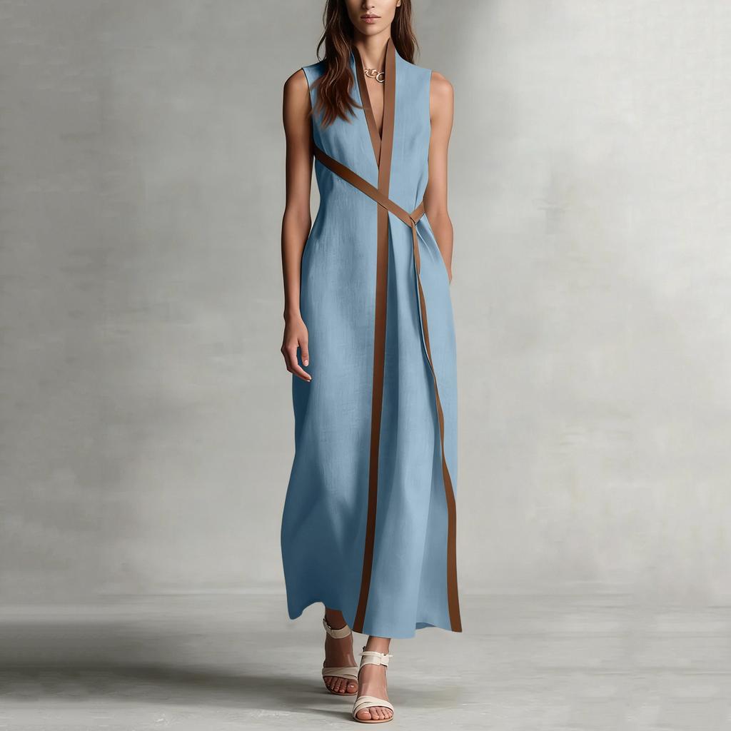 Women's Fashionable Vintage Stand Collar Sleeveless Casual Color-Blocked Loose Dress