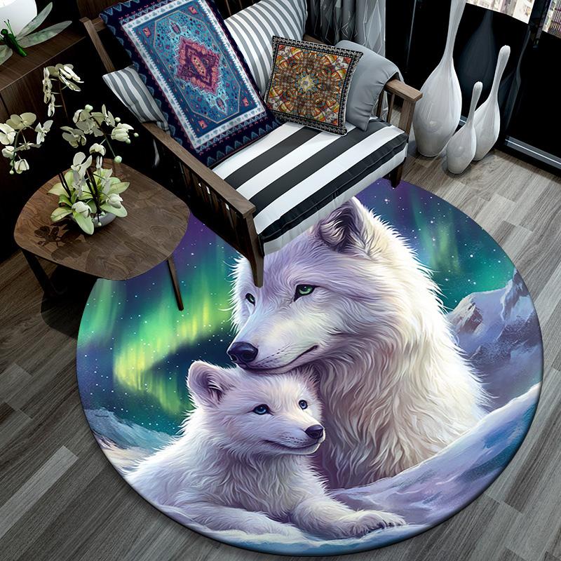 Weißer Wolf Runder Teppich, Teppich für Wohnzimmer Schlafzimmer Sofa Spielzimmer Dekor, Rutschfeste Bodenmatte