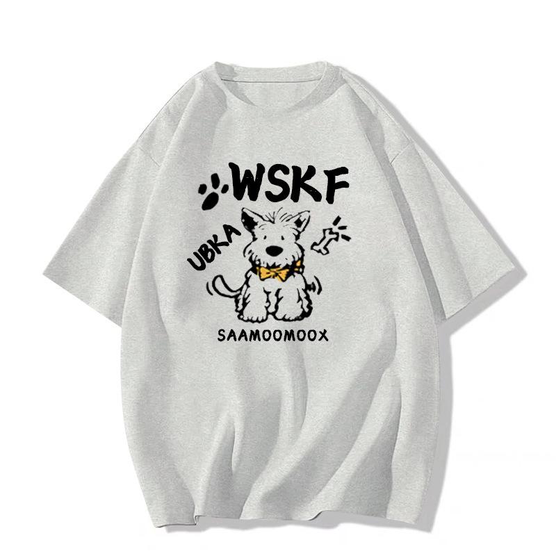 Damski T-shirt z ciężkiej bawełny z nadrukiem retro szczeniaczka, Kolekcja Lato 2025, Luźny krój, Krótki rękaw.