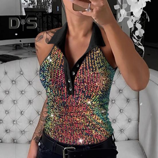 Women Vest Lapel V-Neck Sleeveless Off Shoulder Tops Shiny Sequins Tank Tops Holidays Parties Clubs Wear