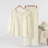 Pajamas Women's Spring, Summer and Autumn Crepe Cloth Pure Cotton Small Fresh Floral Sweet Home Nightdress Long Set Trousers Set Loungewear