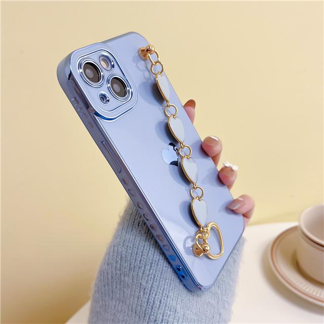 Luxury Plating Love Heart Wrist Bracelet Phone Case For iPhone 15 14 13 12 11 Pro Max X XR XS 7 8 Plus SE Soft Cover With Chain