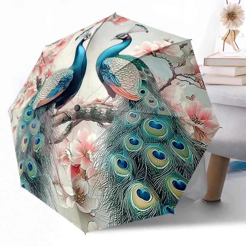 Peacock and Floral Fantasy Outdoor Automatic Umbrella Retractable Design with 8-Rib Durability Lightweight Perfect Gift for Friends Family