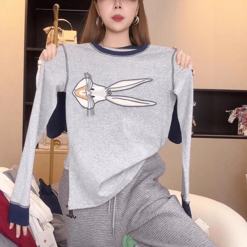2025 Plus Size Rabbit Embroidery Long-Sleeve Slimming Fashion Top for Women