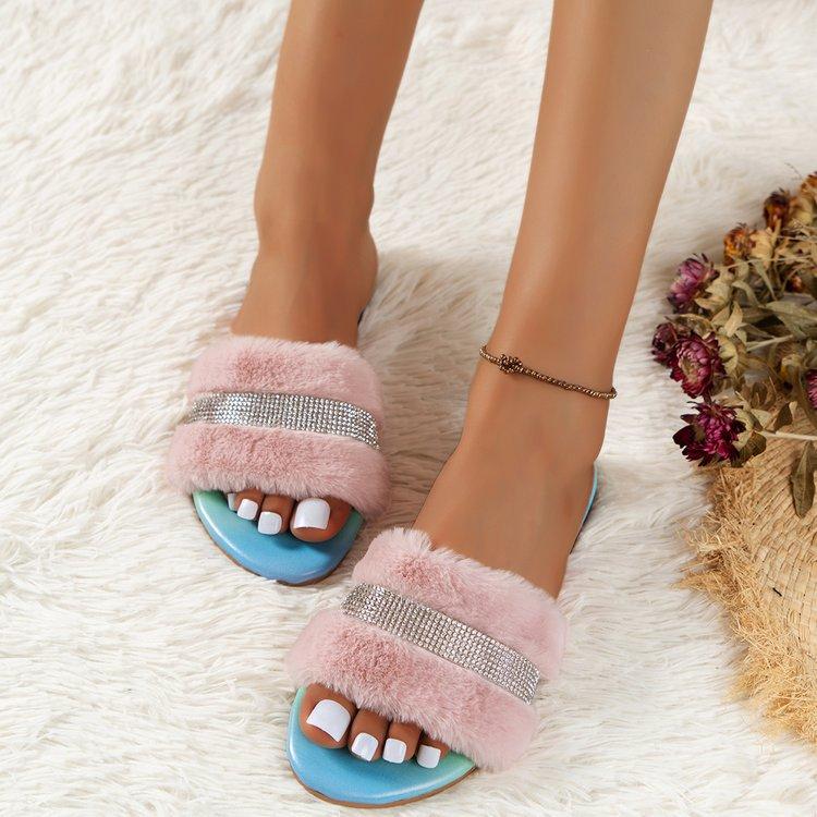 2024 Winter Bright Diamond Non-slip Home Flat Slippers Female Platform High heel Outside Wear Sandals Warm Versatile Women Shoes