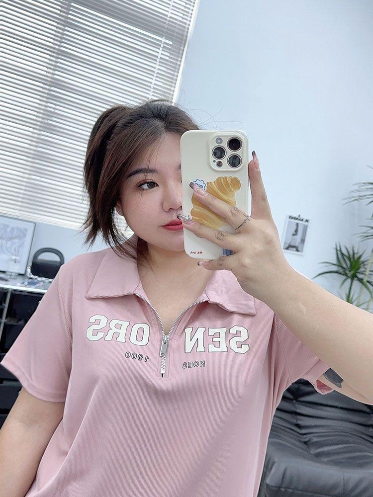 Plus Size Women's Casual Zipper Print Top - Loose Fit Short Sleeve T-shirt for 2025 Summer