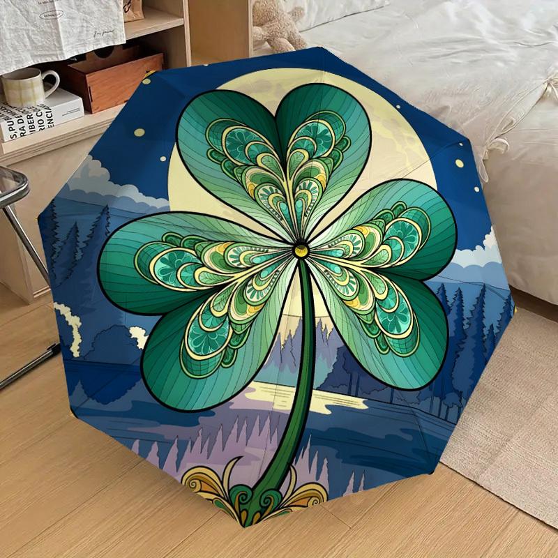 1pc Four-Leaf Clover with Forest Scene Umbrella with Plastic Handle,Suitable for All Seasons Home Travel Outdoor UmbrellaDD1171
