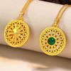 Sand Gold Sunflower Pendant with Rhinestones & Green Stone - Versatile Retro Clavicle Chain