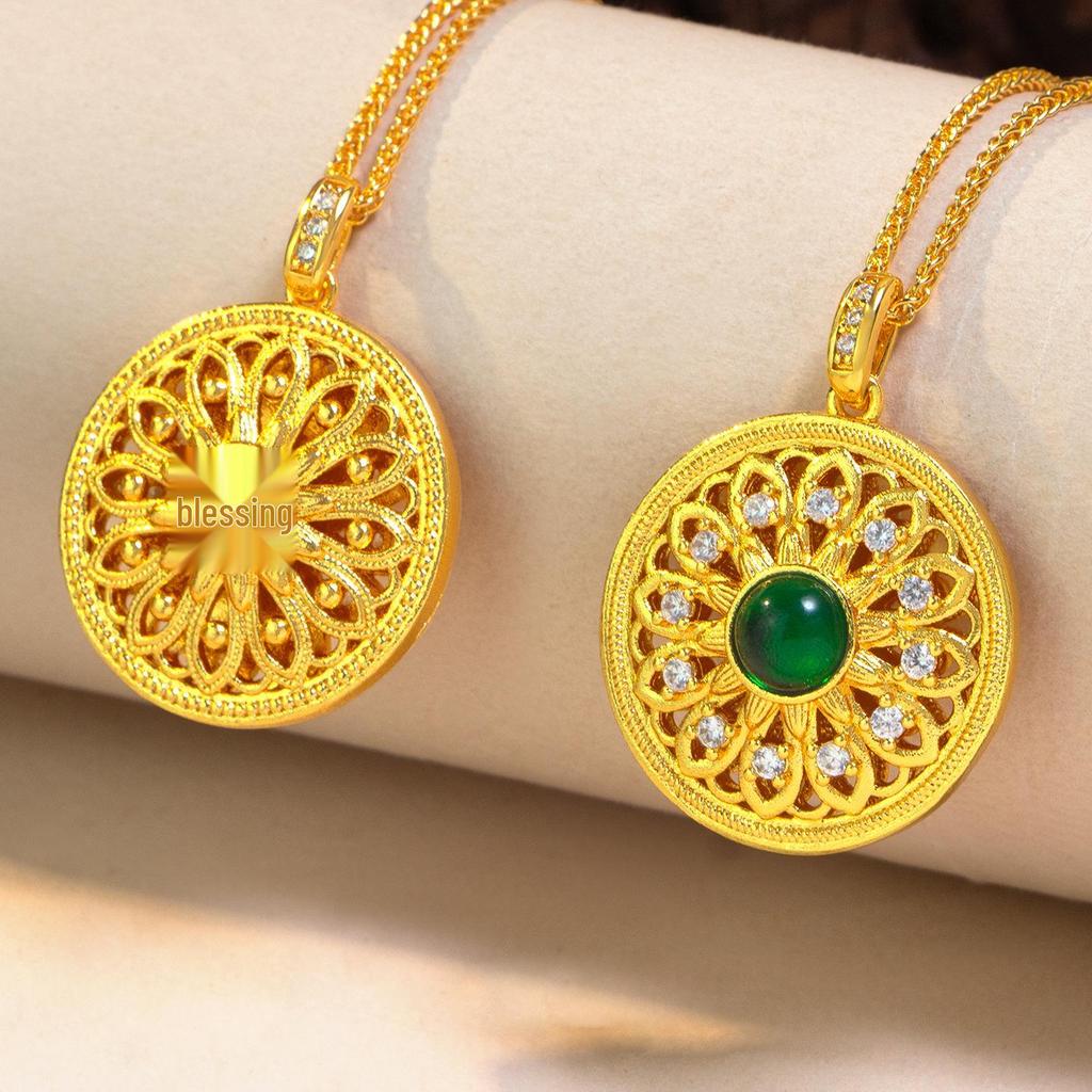 Sand Gold Sunflower Pendant with Rhinestones & Green Stone - Versatile Retro Clavicle Chain