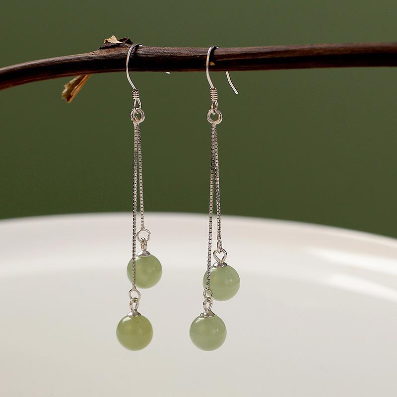 Hetian Jade Ear Hook Earring Women's High-end Temperament Ethnic Retro Earrings Cloisonne Craft Dangler Gift