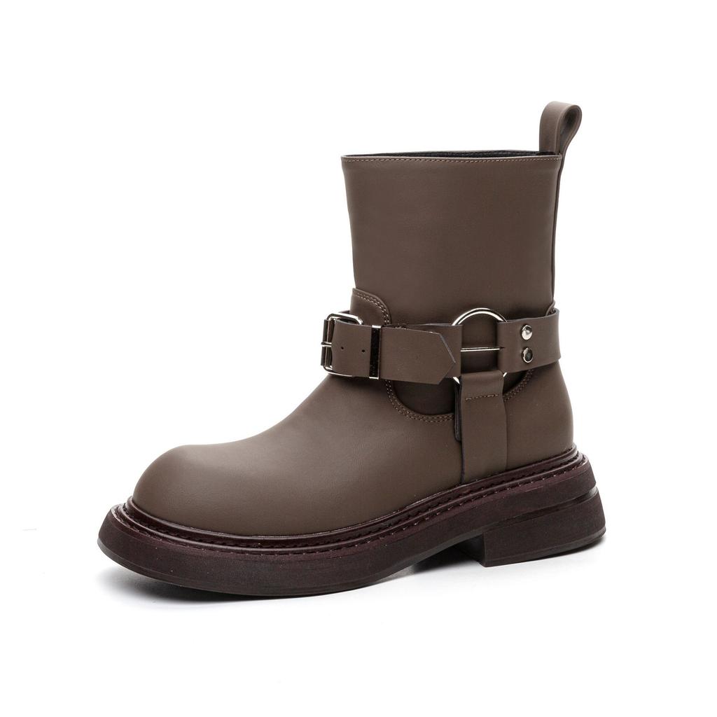 Leather Bv Martin Boots Women's British Style Belt Buckle 24 Autumn and Winter New Short Boots Thick-soled Heightening Retro Locomotive Boots