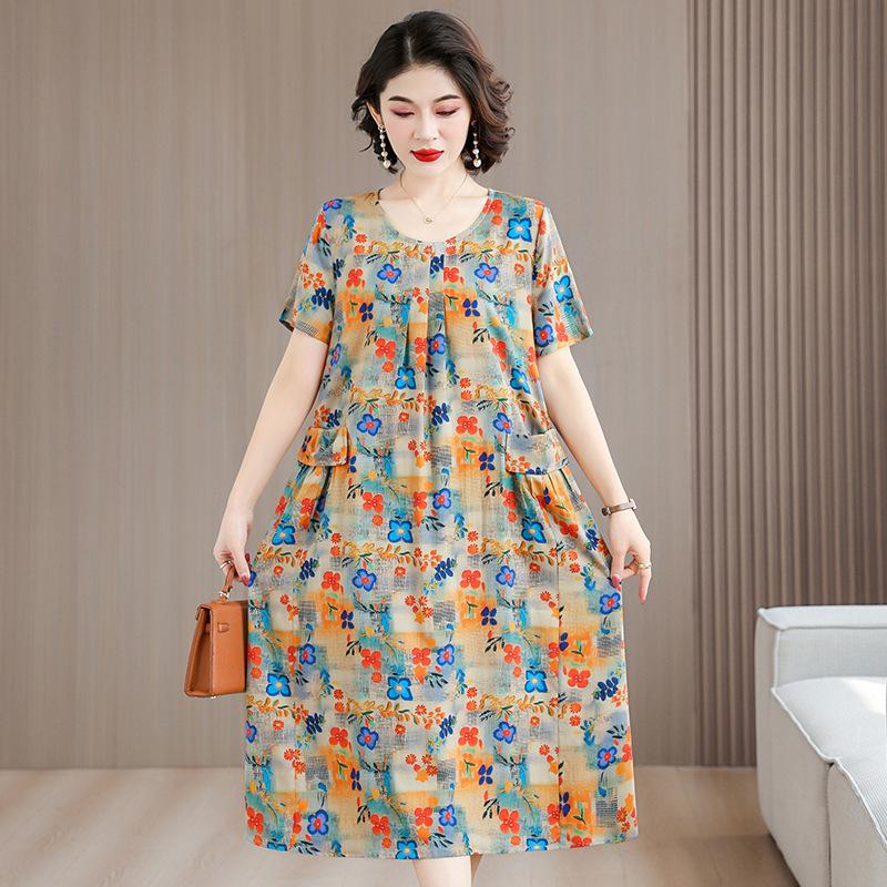 Women Plus Size Midi Dress Short Sleeve Floral Print Cotton Silk Loose Casual Mom Dress
