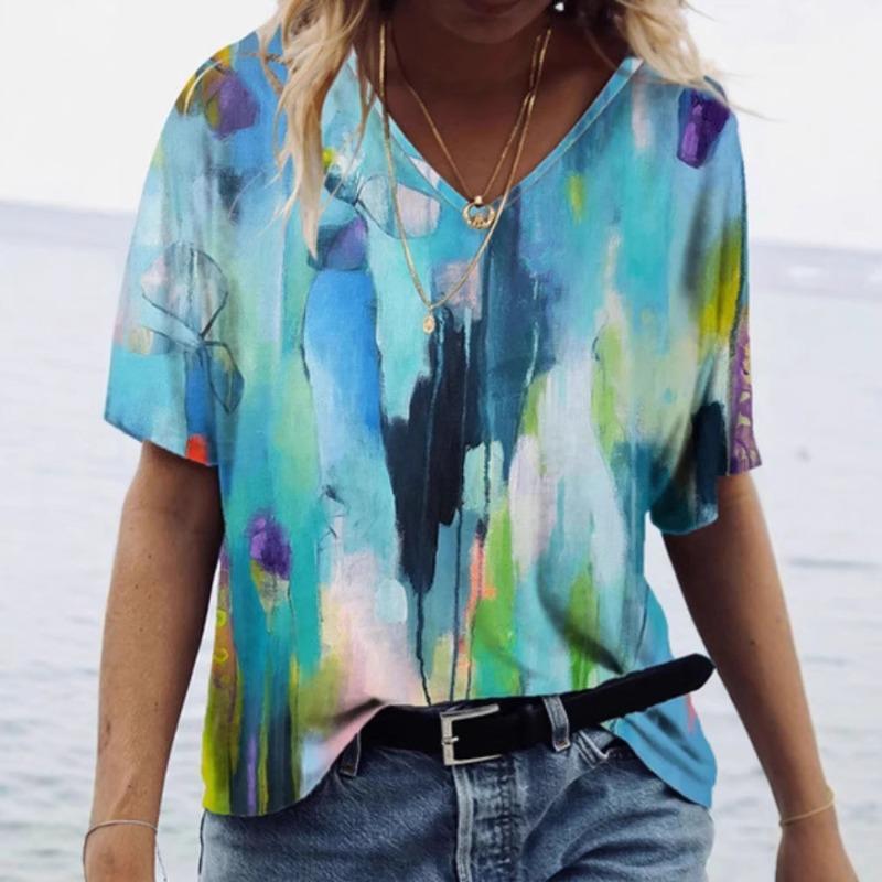 Digital 3D Printed Women's Short Sleeved T-shirt Summer Tie Dye Personalized V-neck Base T-Shirts Women’s