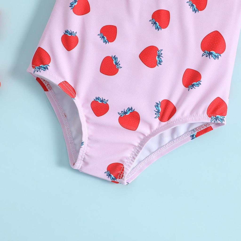 Strawberry Print Backless Bowknot Girls One-Piece Swimsuit