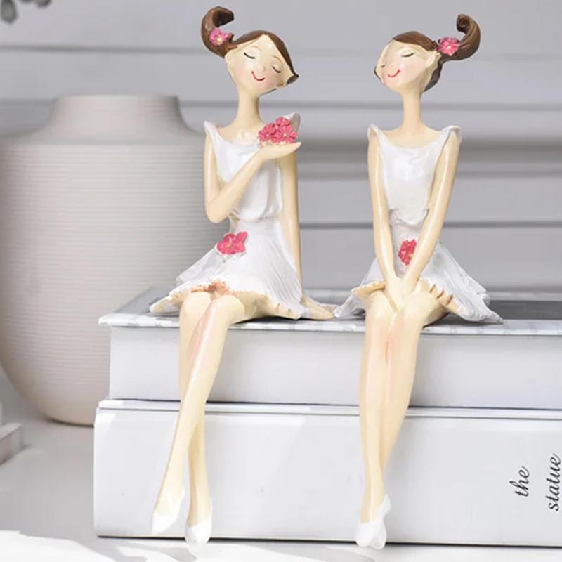 Girl Figurines Decor Resin Craft Statues Sculpture 2Pieces Girl Table Decor Elegant Small Figurines Ornaments Hand-Painted Home
