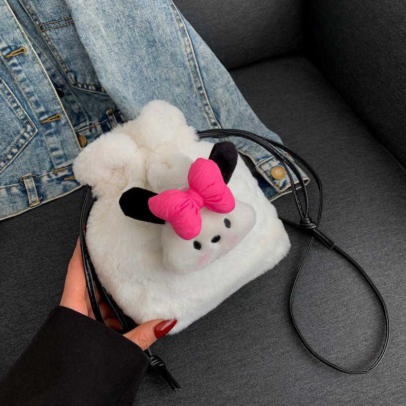 Plush Dog Cartoon Water Bucket Bag With Drawstring Closure For Daily Use