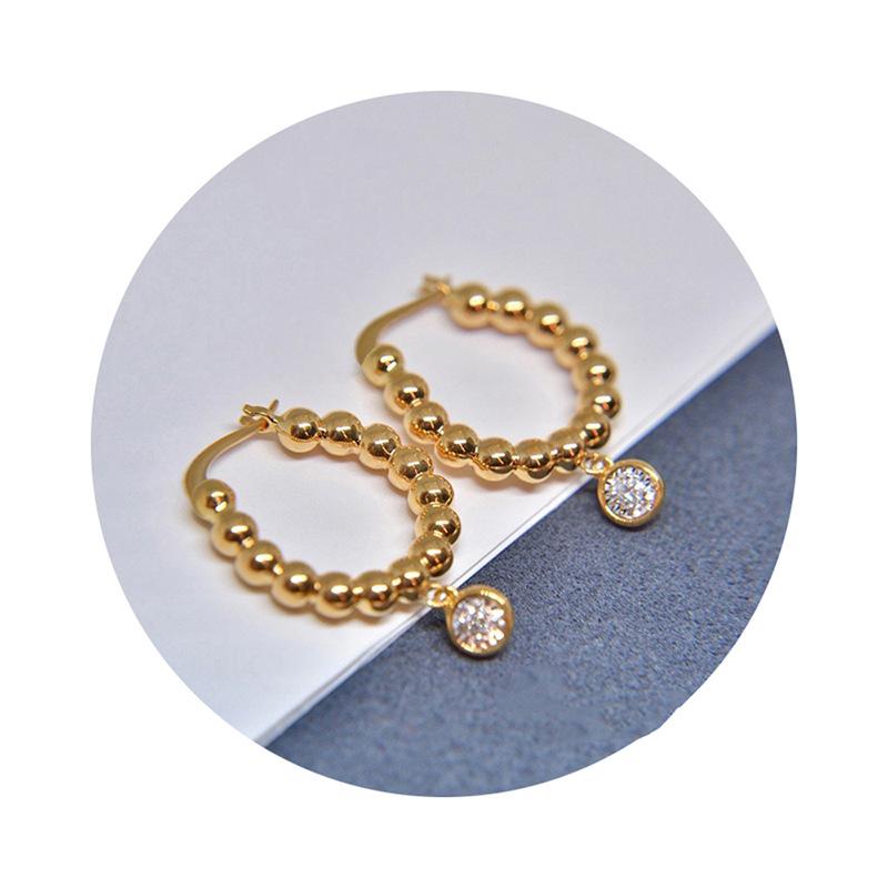Smooth Gold Ball Bezel Set Single Diamond Charm Hoop Earrings Snap Closure Tiny Crystal Dangle Ladies Daily Accessories
