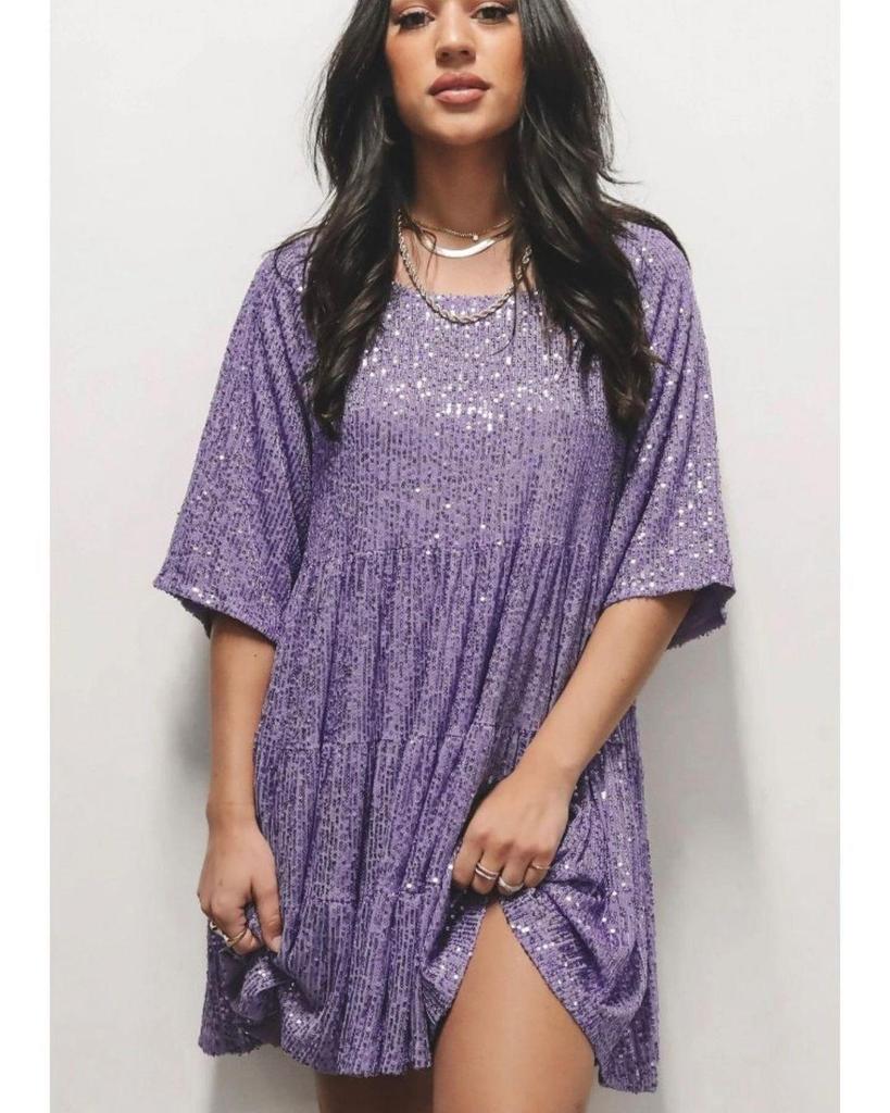 2025 Solid Color Sequin Round Neck Loose Waist Short Sleeve Evening Dress