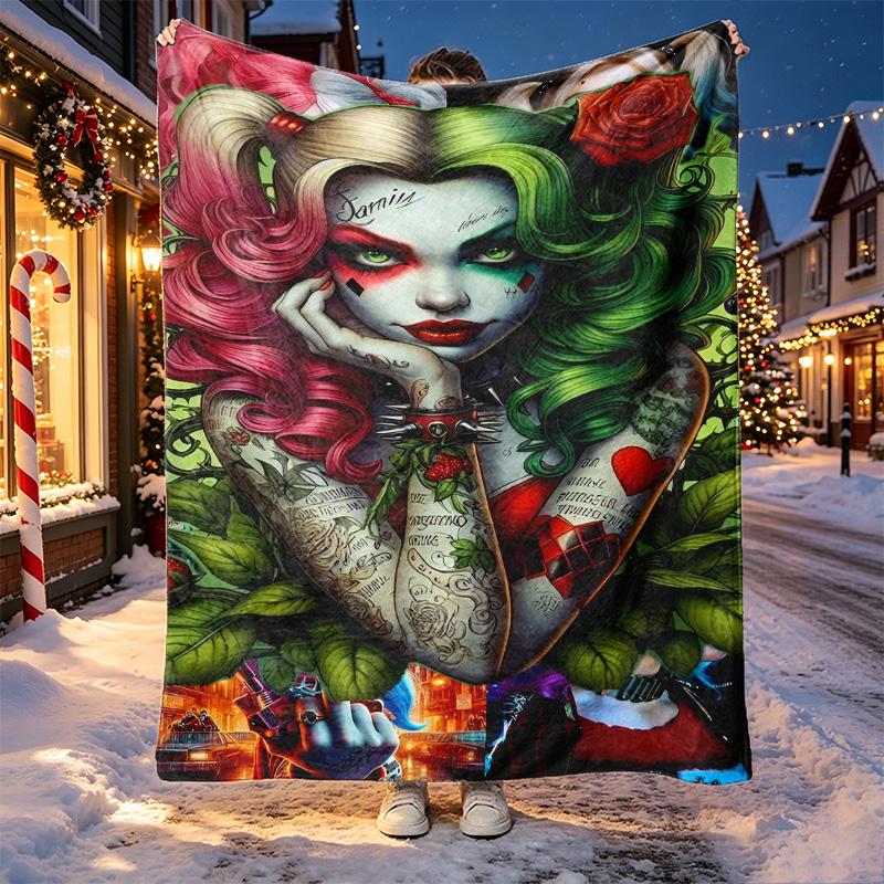 Harley Quinn Joker Pattern Blanket for Home Decoration, Bed, Sofa, Car Travel, Camping, Suitable for All Seasons, Birthday Christmas Gift