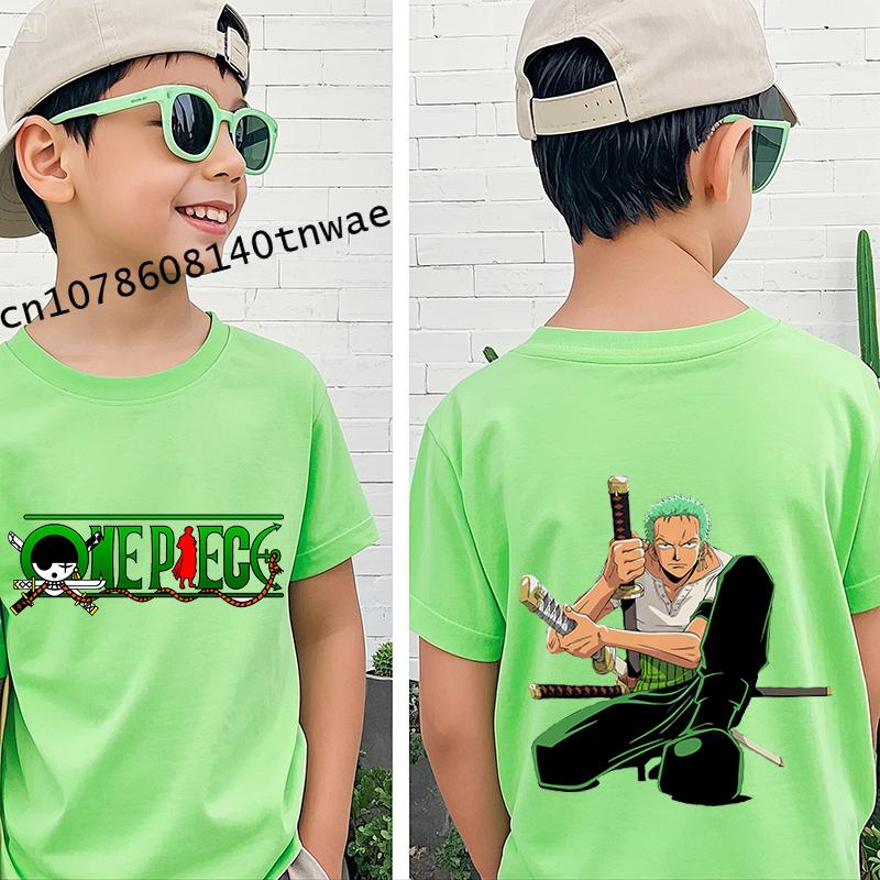 One Piece Roronoa Zoro Anime Kleidung Kinder T-Shirt Baumwolle Kurzarm Grün Cartoon Oberteil für Jungen