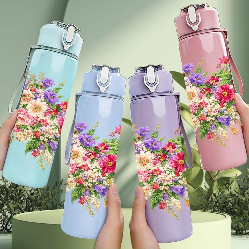 1PC Dense Mixed Spring Wild Flower Print 750ml Color Plastic Sports Water Bottle Leakproof Flip Straw Lid Suitable for Sports Office Home Use