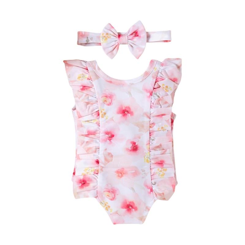 Newborn Baby Girl Ruffle Swimsuit+Headband Infant Toddler Striped Print