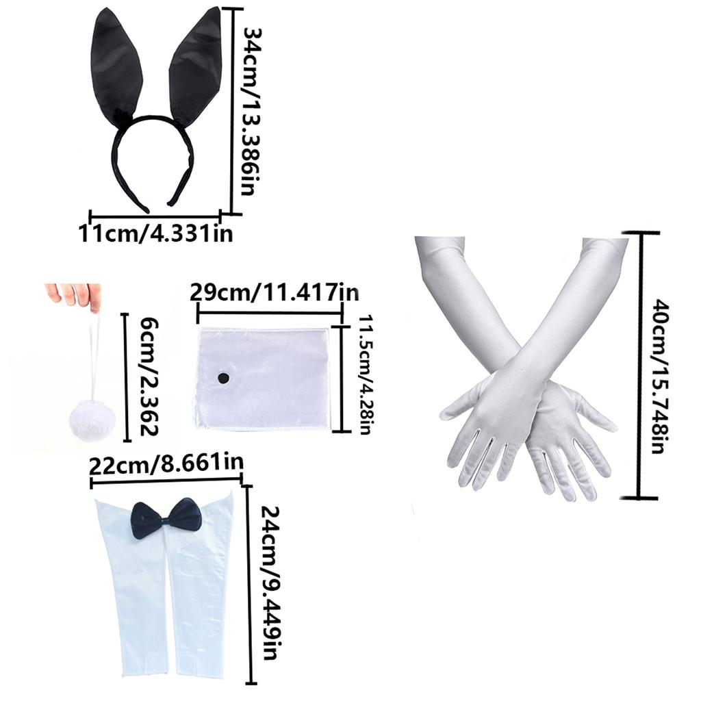 PESENAR Halloween Women Bunny Costume Set Include Rabbit Ear Headband Bow Tie Cuffs Tail Long Gloves Rabbit Costume Accessory
