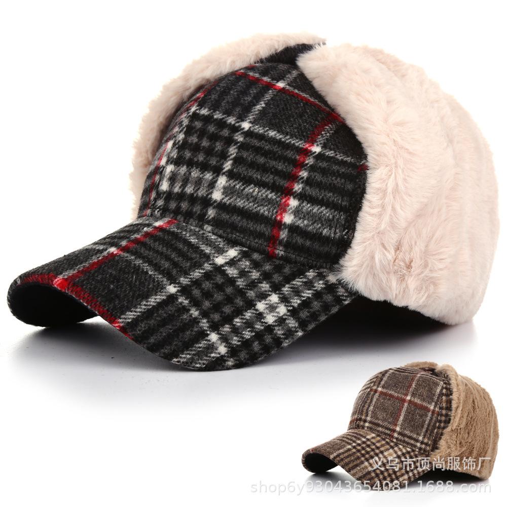 Winter Hat Women's Tide Plaid Duck Tongue Baseball Cap Northeast Outdoor Riding Ear Protection Ski Warm Lei Feng Hat