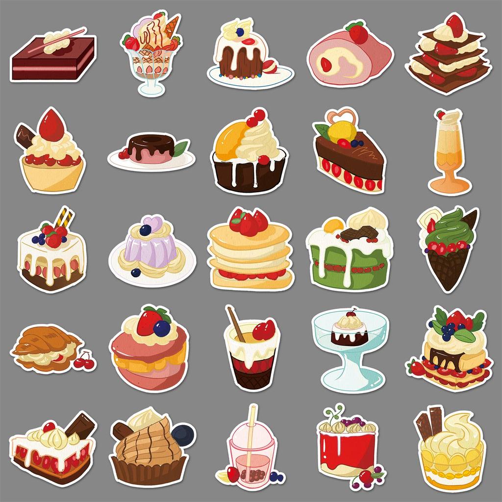 50 Waterproof Cartoon Cake Stickers for Phone, Laptop & Suitcase Decoration